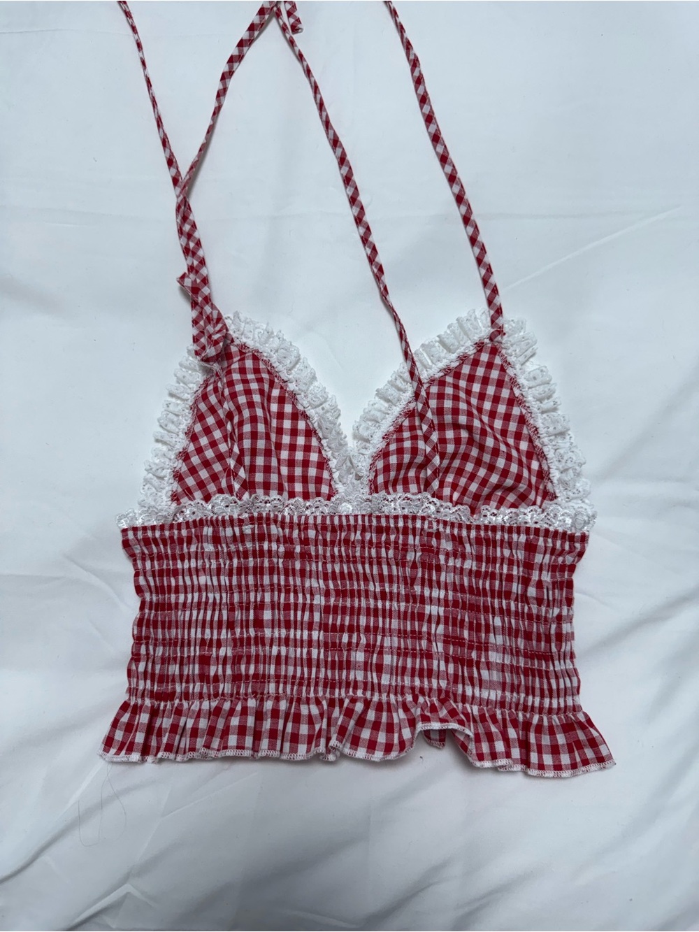 Red and White Gingham Lace Trim Tie-Strap Crop Top - Picture 3 of 3